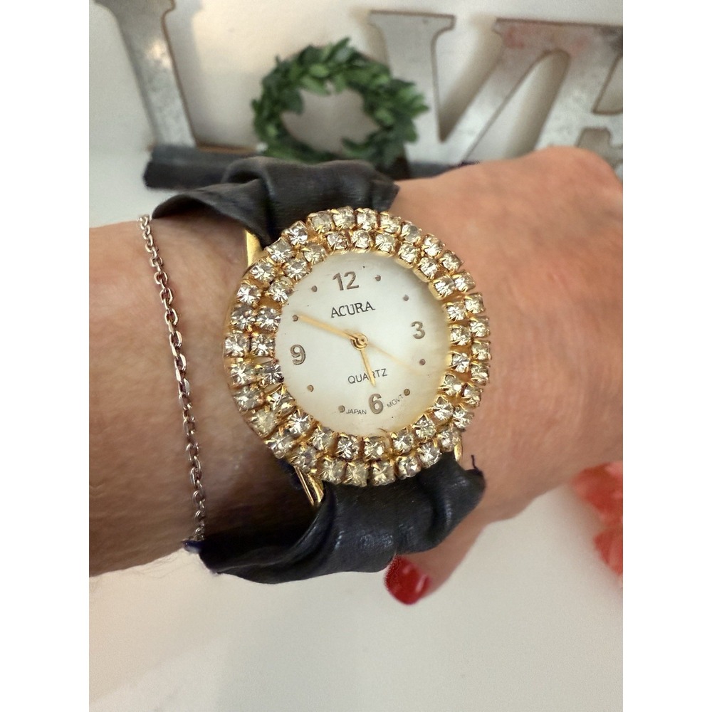 Vtg Acura Japan Mov Crystal Encrusted Quartz Watch Soft Blk Leather Fit 7" Wrist